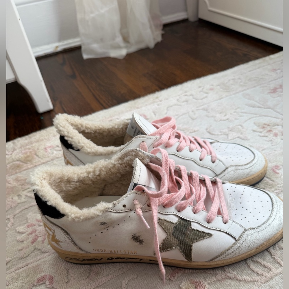 Golden Goose White and Camo Sneakers with Sherpa lining and Pink Accents